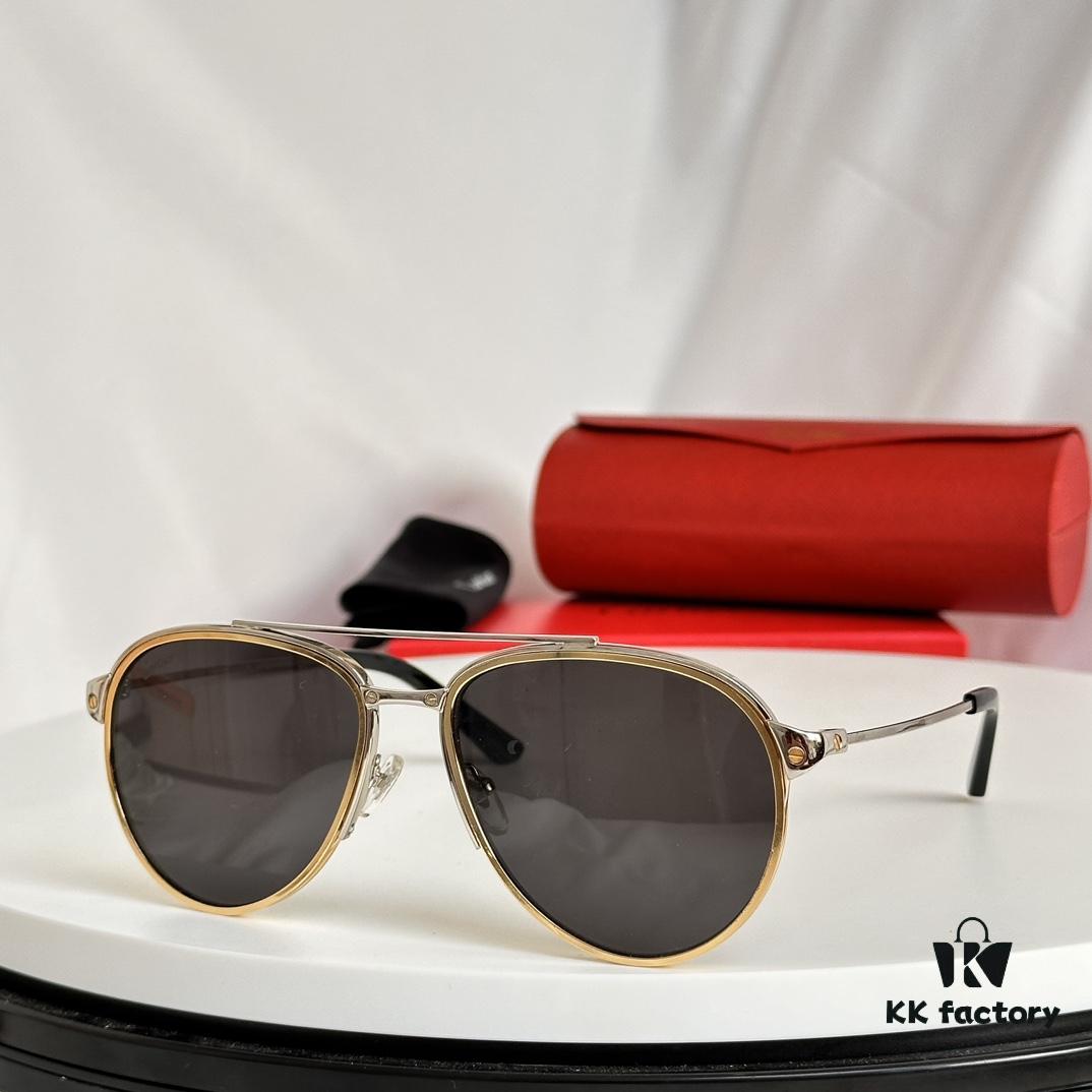 Santos de Cartier Original Spring Hinge Aviator Sunglasses, Gold Plated Brushed Platinum Bicolor Metal, High-Definition Authentic Lenses, Model 0325, Size 59-19 145