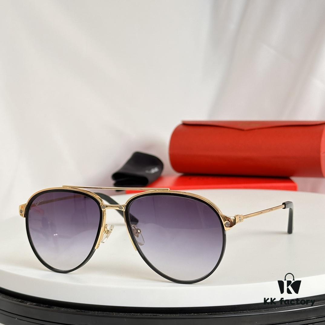 Santos de Cartier Original Spring Hinge Aviator Sunglasses, Gold Plated Brushed Platinum Bicolor Metal, High-Definition Authentic Lenses, Model 0325, Size 59-19 145