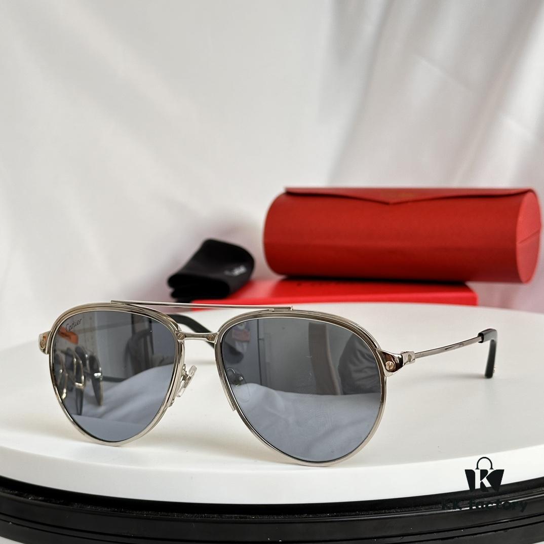 Santos de Cartier Original Spring Hinge Aviator Sunglasses, Gold Plated Brushed Platinum Bicolor Metal, High-Definition Authentic Lenses, Model 0325, Size 59-19 145