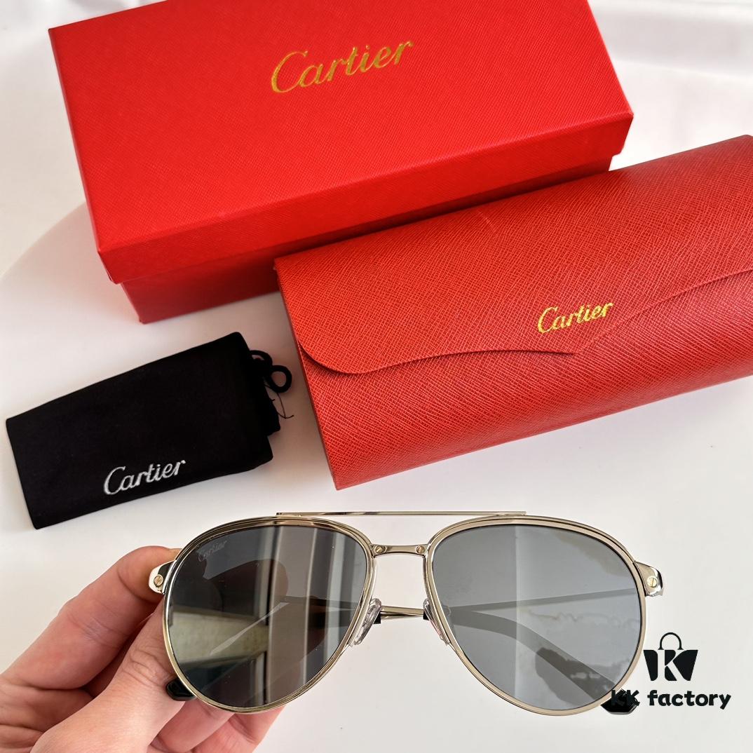 Original Spring Hinge Santos de Cartier Sunglasses, Golden Electroplated Brushed Platinum Bicolor Metal, Aviator Style, High-Definition Authentic Lenses, the Pinnacle of Eyewear