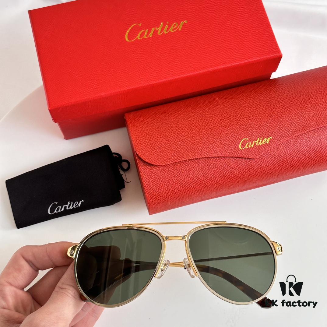 Original Spring Hinge Santos de Cartier Sunglasses, Golden Electroplated Brushed Platinum Bicolor Metal, Aviator Style, High-Definition Authentic Lenses, the Pinnacle of Eyewear