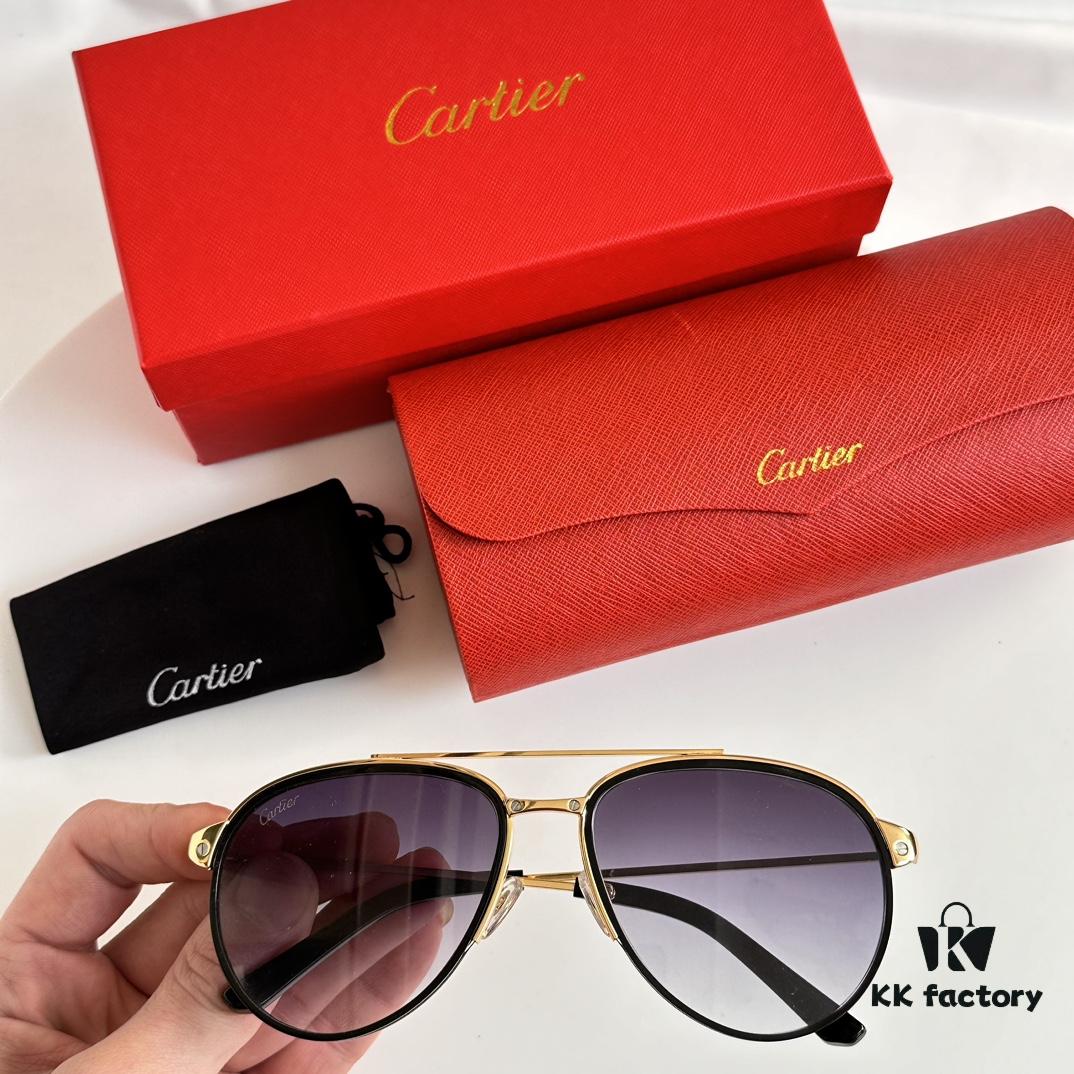 Original Spring Hinge Santos de Cartier Sunglasses, Golden Electroplated Brushed Platinum Bicolor Metal, Aviator Style, High-Definition Authentic Lenses, the Pinnacle of Eyewear