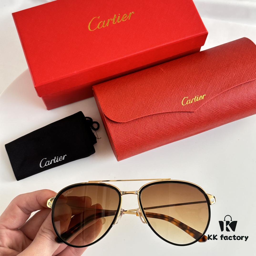 Original Spring Hinge Santos de Cartier Sunglasses, Golden Electroplated Brushed Platinum Bicolor Metal, Aviator Style, High-Definition Authentic Lenses, the Pinnacle of Eyewear