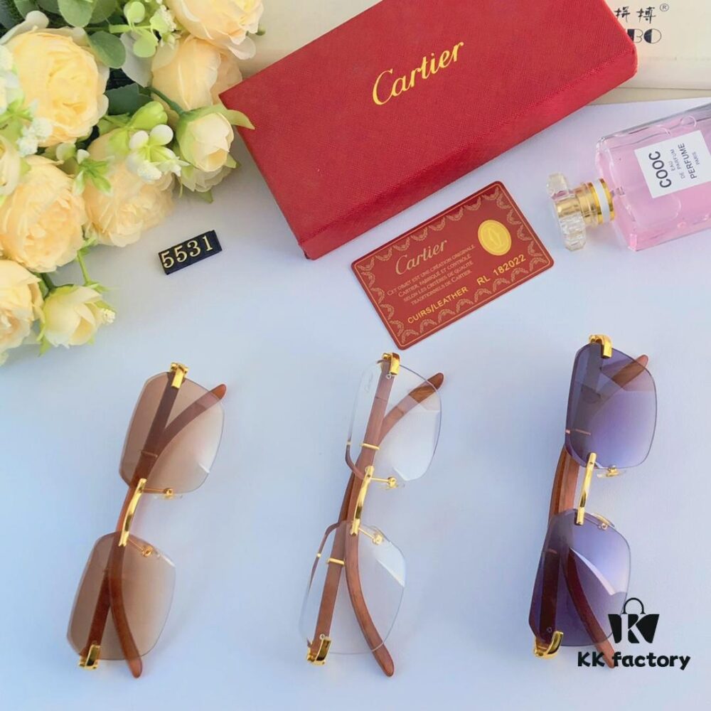 Cartier 2024 New Arrival Wooden Frame Temple Sunglasses, Frameless Fashion Unisex Eyewear