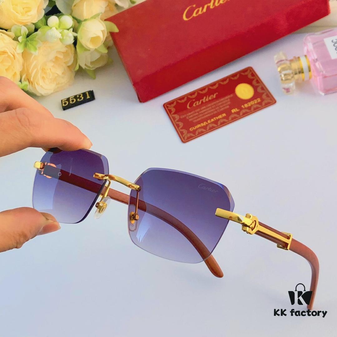 Cartier 2024 New Arrival Wooden Frame Temple Sunglasses, Frameless Fashion Unisex Eyewear
