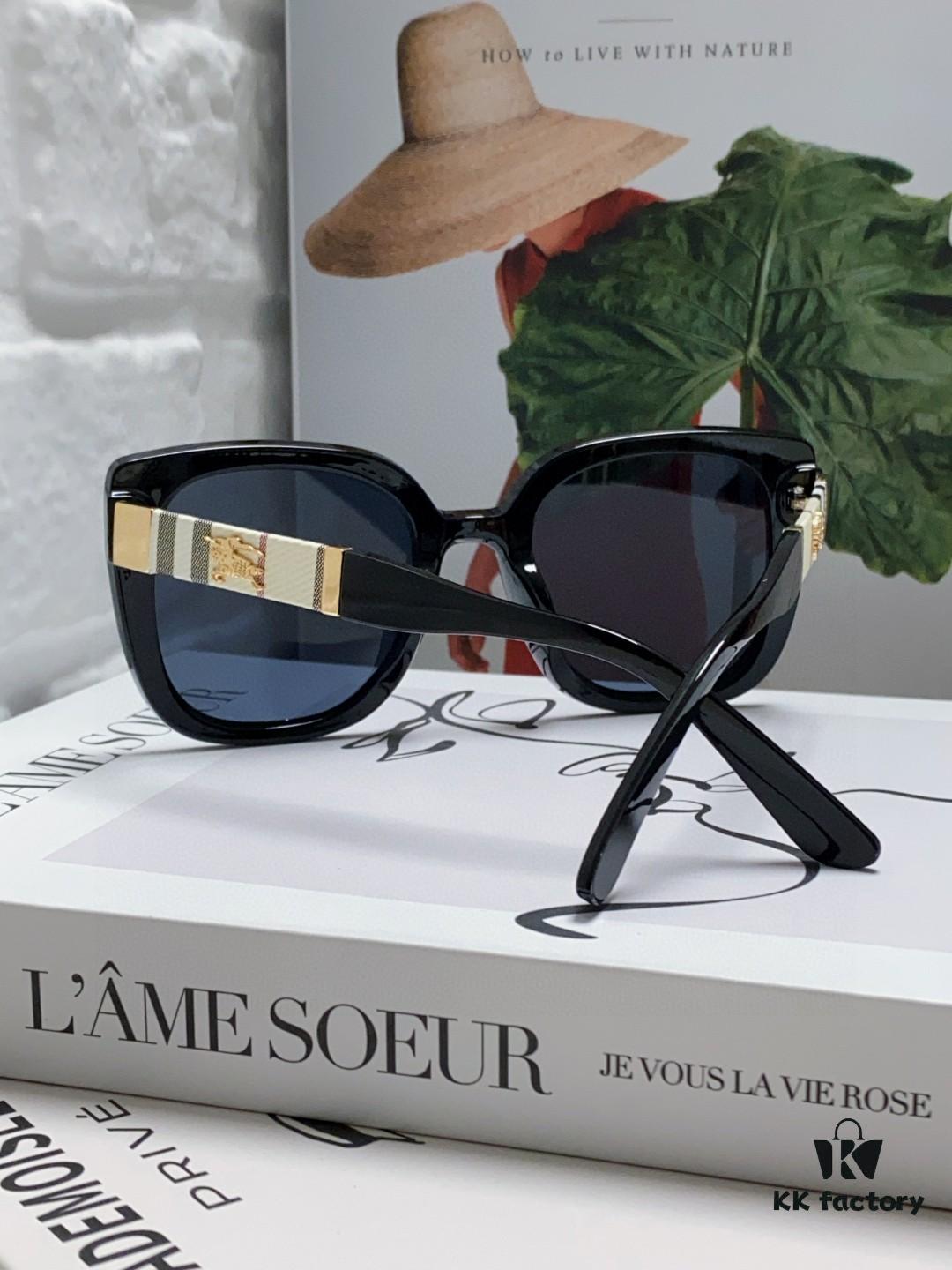 Burberry 2024 New Korean-Style Oversized Wide-Leg Designer Sunglasses, Unisex Celebrity-Inspired Slimming Aviator Shades with Horse Logo and Classic Plaid Pattern