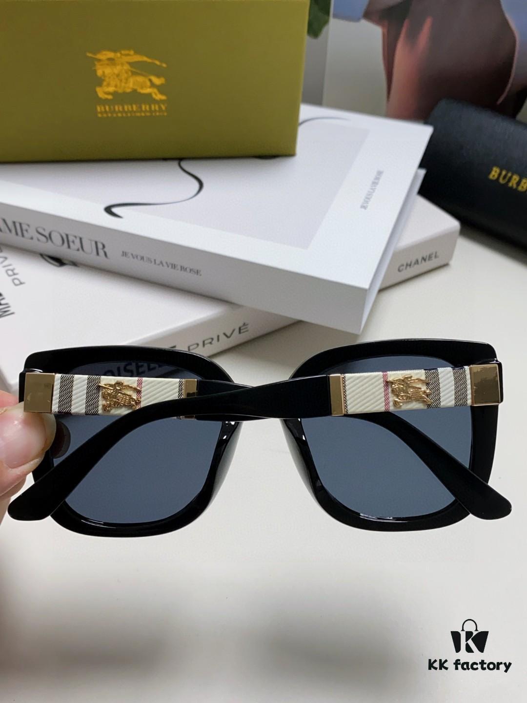 Burberry 2024 New Korean-Style Oversized Wide-Leg Designer Sunglasses, Unisex Celebrity-Inspired Slimming Aviator Shades with Horse Logo and Classic Plaid Pattern