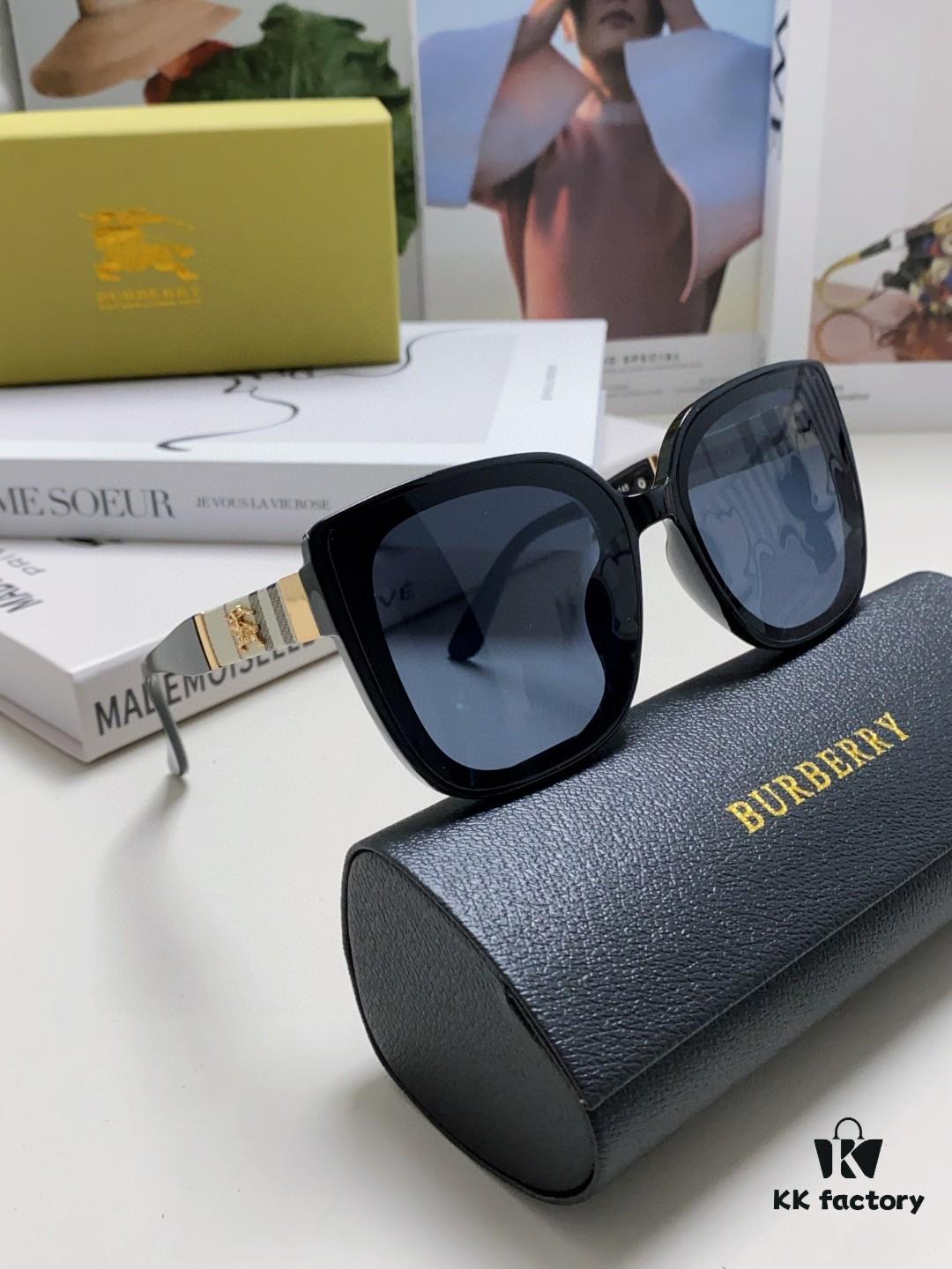 Burberry 2024 New Korean-Style Oversized Wide-Leg Designer Sunglasses, Unisex Celebrity-Inspired Slimming Aviator Shades with Horse Logo and Classic Plaid Pattern