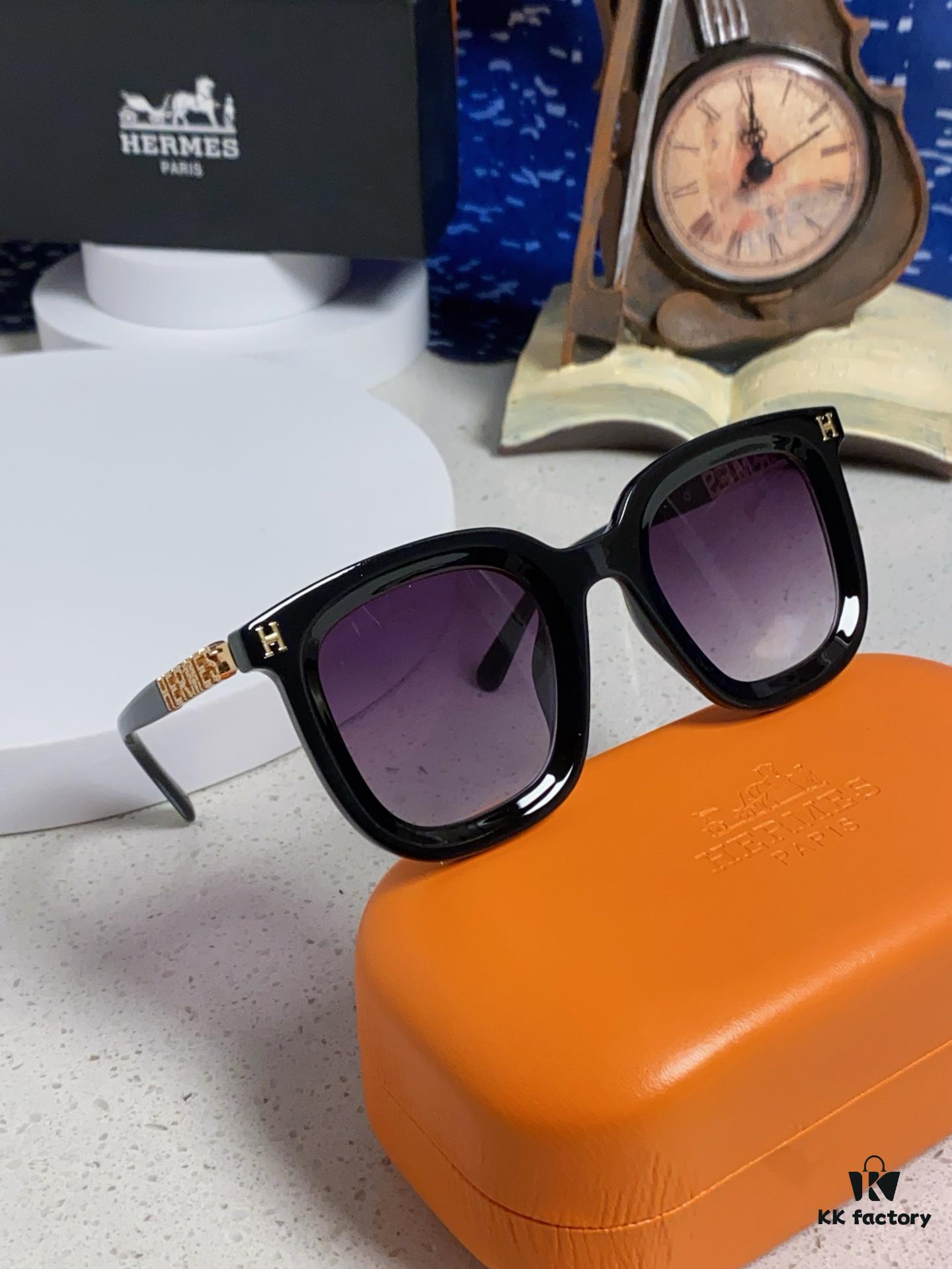 Hermes 2025 New Arrival Retro Square Unisex Sunglasses for Women, Slimming Frame for Round Faces, Fashionable Metal Hollow-out Temples, UV Protection