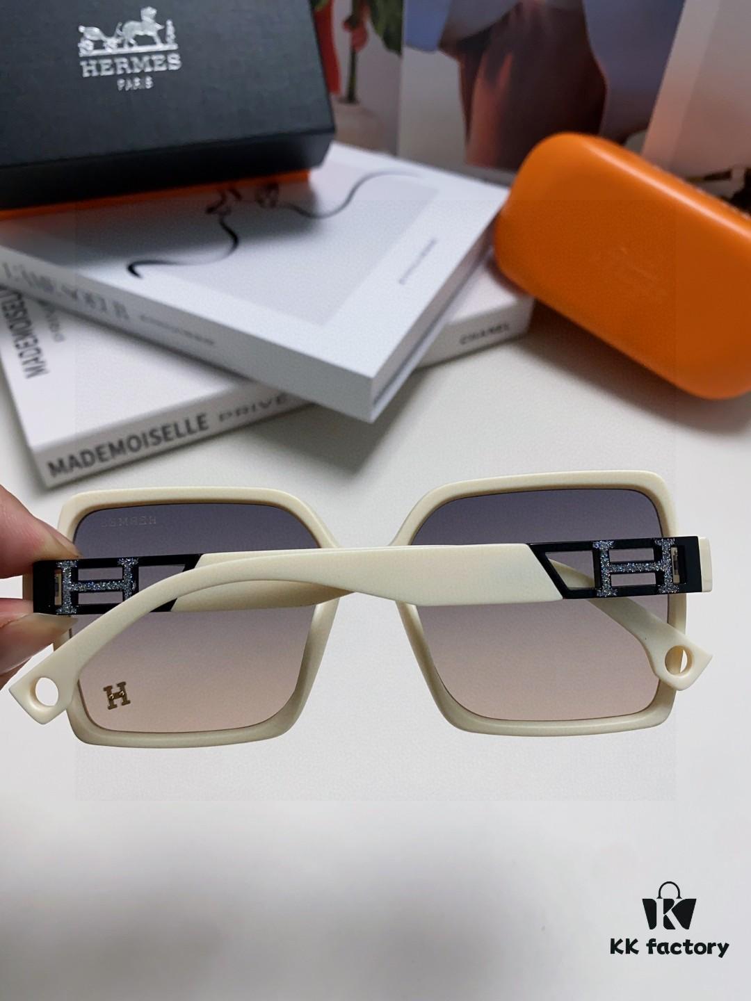 Hermes 2024 New Women's Square Oversized Sunglasses Round Face Slimming UV Protection Luxury Travel Sun Glasses