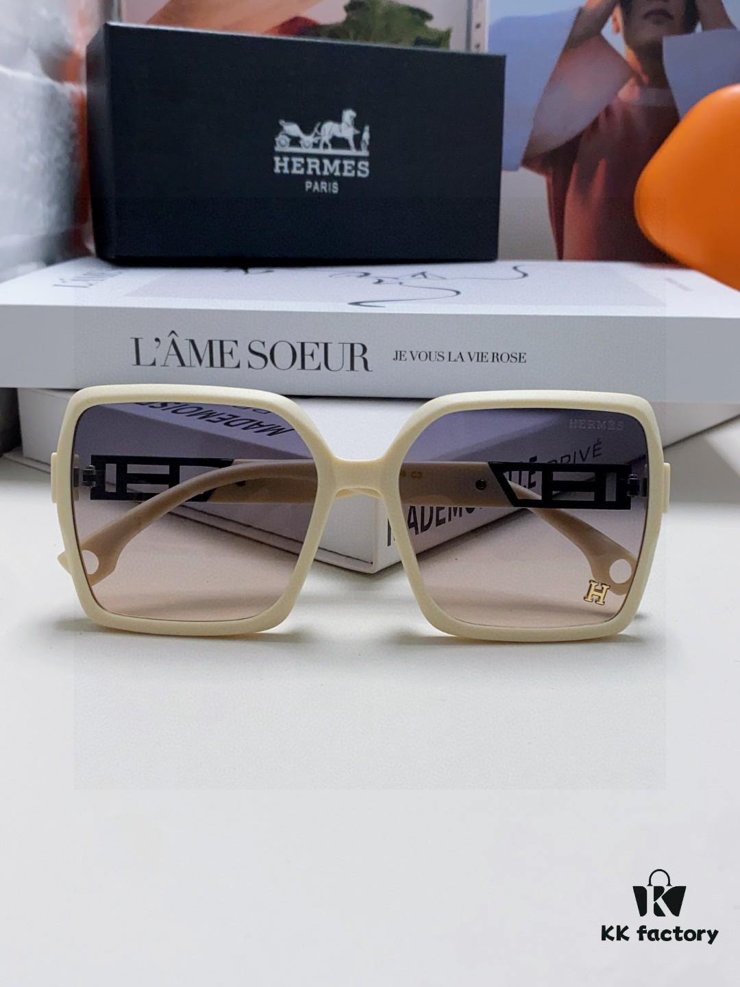 Hermes 2024 New Women's Square Oversized Sunglasses Round Face Slimming UV Protection Luxury Travel Sun Glasses