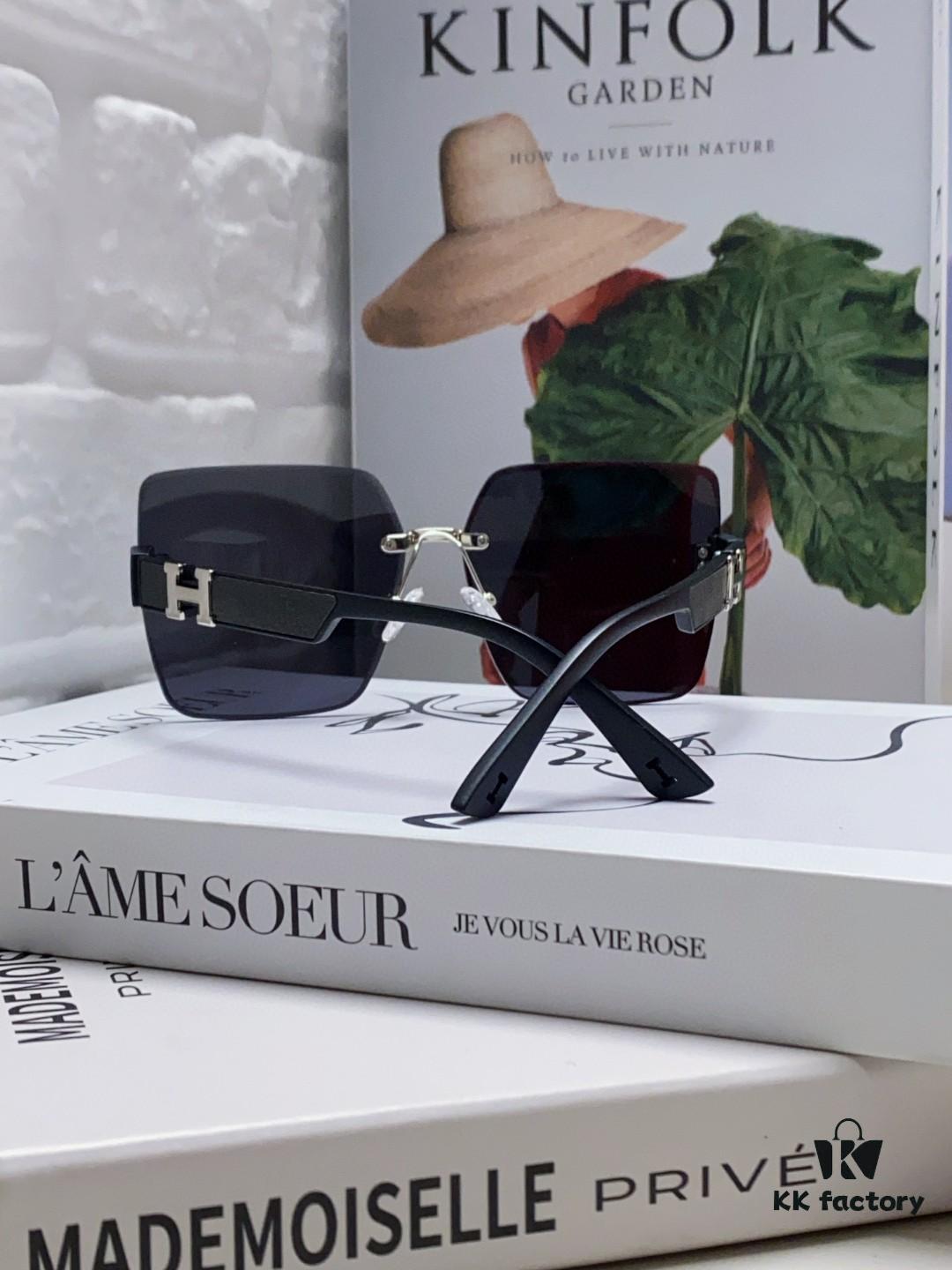 Hermes 2024 New Arrival Frameless Square Sunglasses, UV Protection Beach Sun Glasses with Premium Look, Face-Framing Design for Small Facial Appearance, Unisex Driving Shades