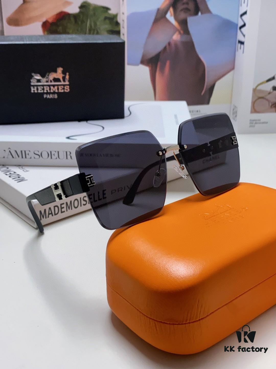 Hermes 2024 New Arrival Frameless Square Sunglasses, UV Protection Beach Sun Glasses with Premium Look, Face-Framing Design for Small Facial Appearance, Unisex Driving Shades