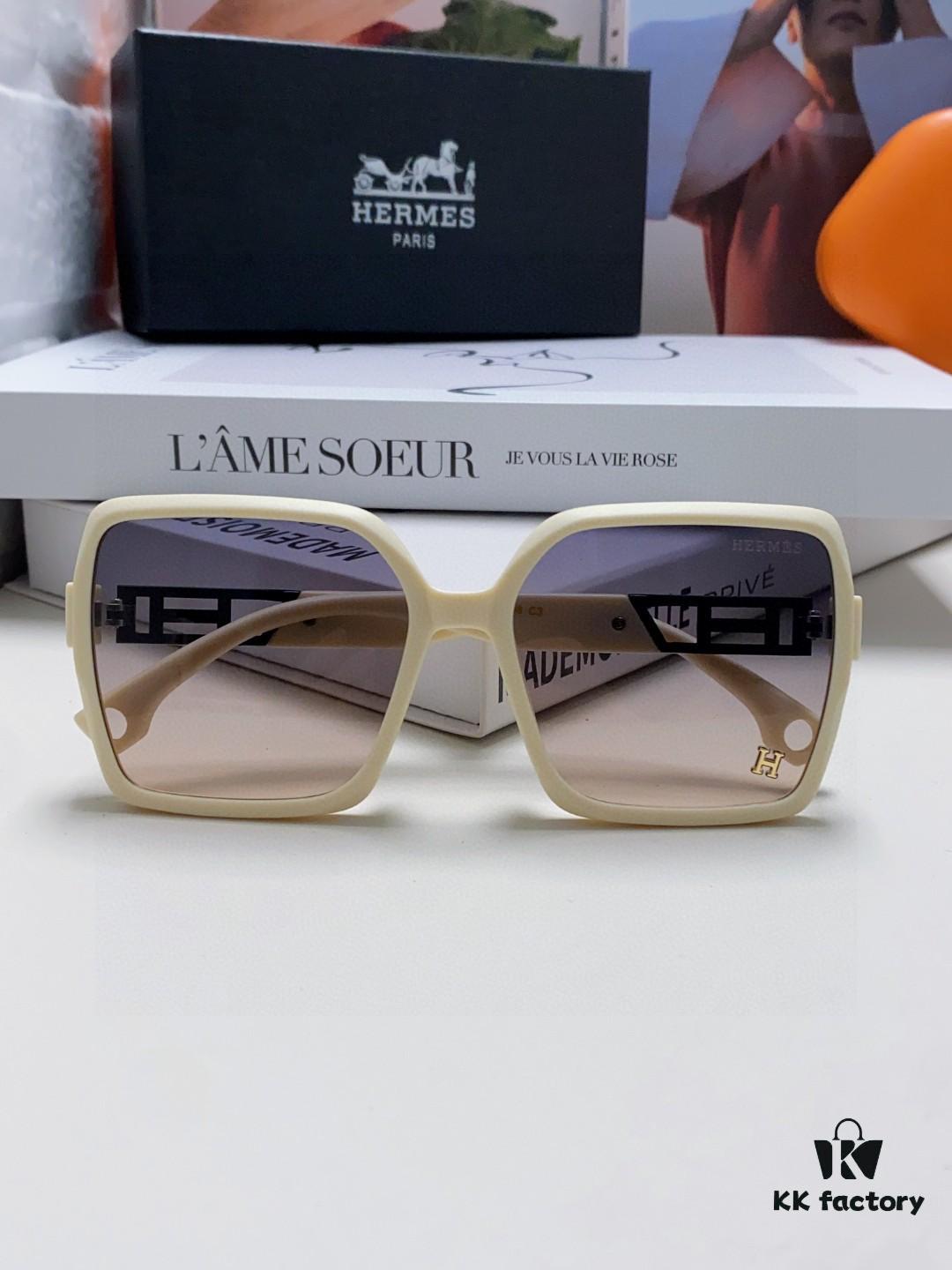 Hermes 2024 New Women's Square Oversized Sunglasses for Round Faces, Slimming UV-Protective Shades with Premium Aesthetic, Ideal for Travel and Sun Protection