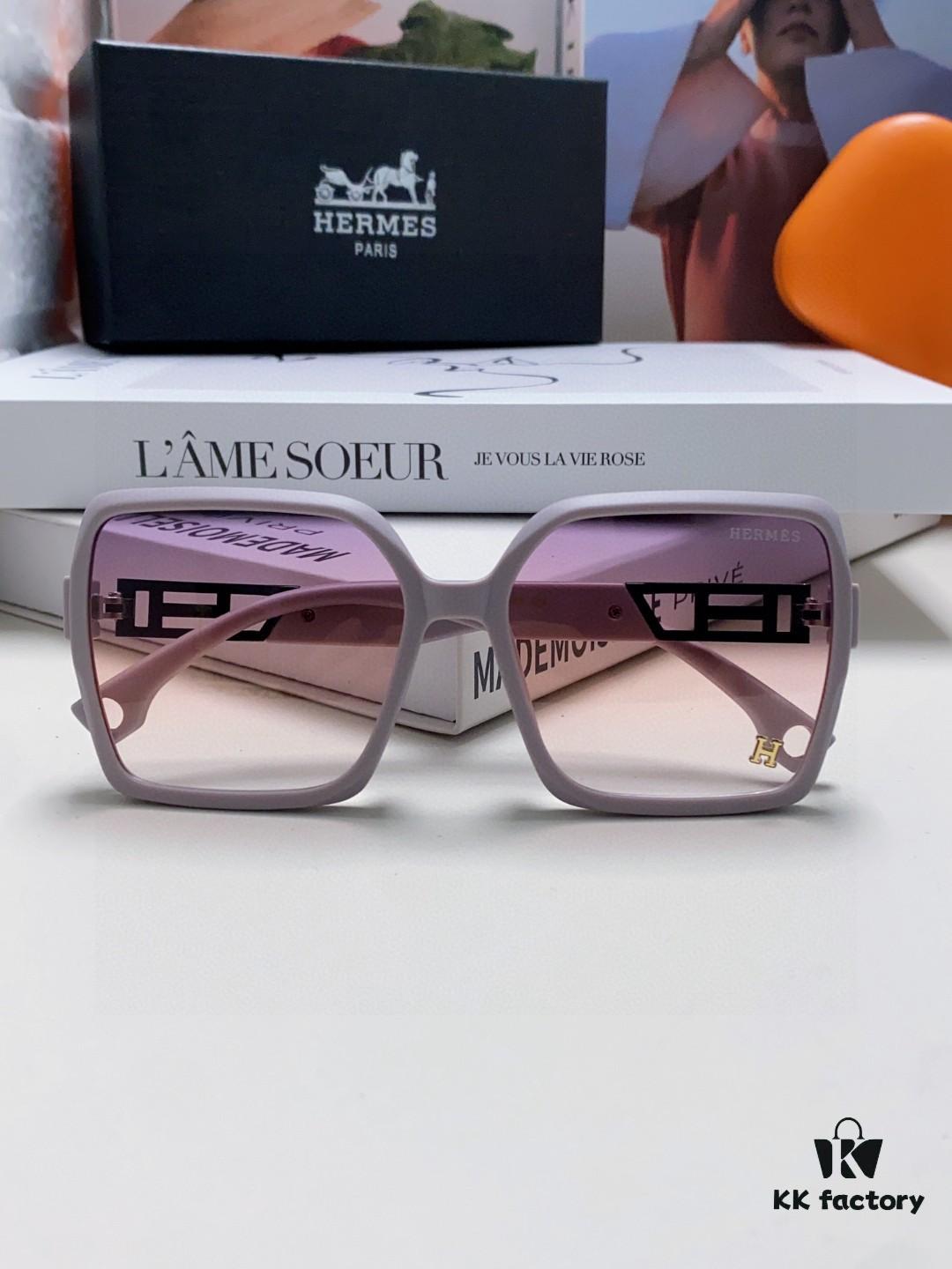 Hermes 2024 New Women's Square Oversized Sunglasses Round Face Slimming UV Protection High-End Travel Sun Glasses