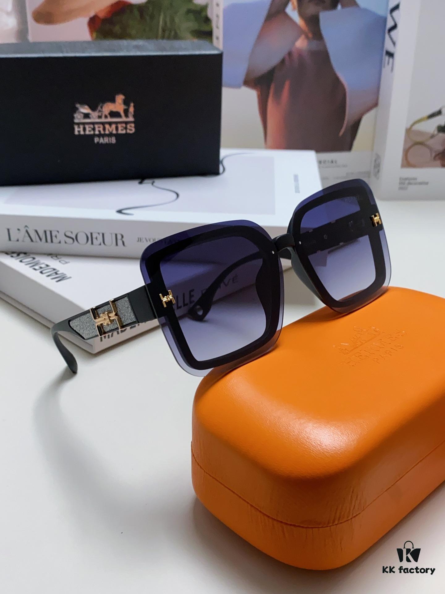 HERMES Women's Sunglasses, UV-Protective Round Oversized Frames, 2024 New Arrival, Vintage-Inspired Slimming Design, Trendy Influencer Glasses