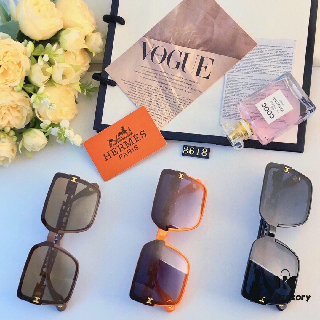 Hermes New H-Logo Square Frame Chain Detail Sunglasses for Women, Fashion Trendy Shades, High-End Instagram Influencer Style