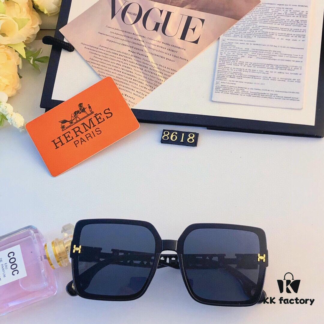 Hermes New H-Logo Square Frame Chain Detail Sunglasses for Women, Fashion Trendy Shades, High-End Instagram Influencer Style