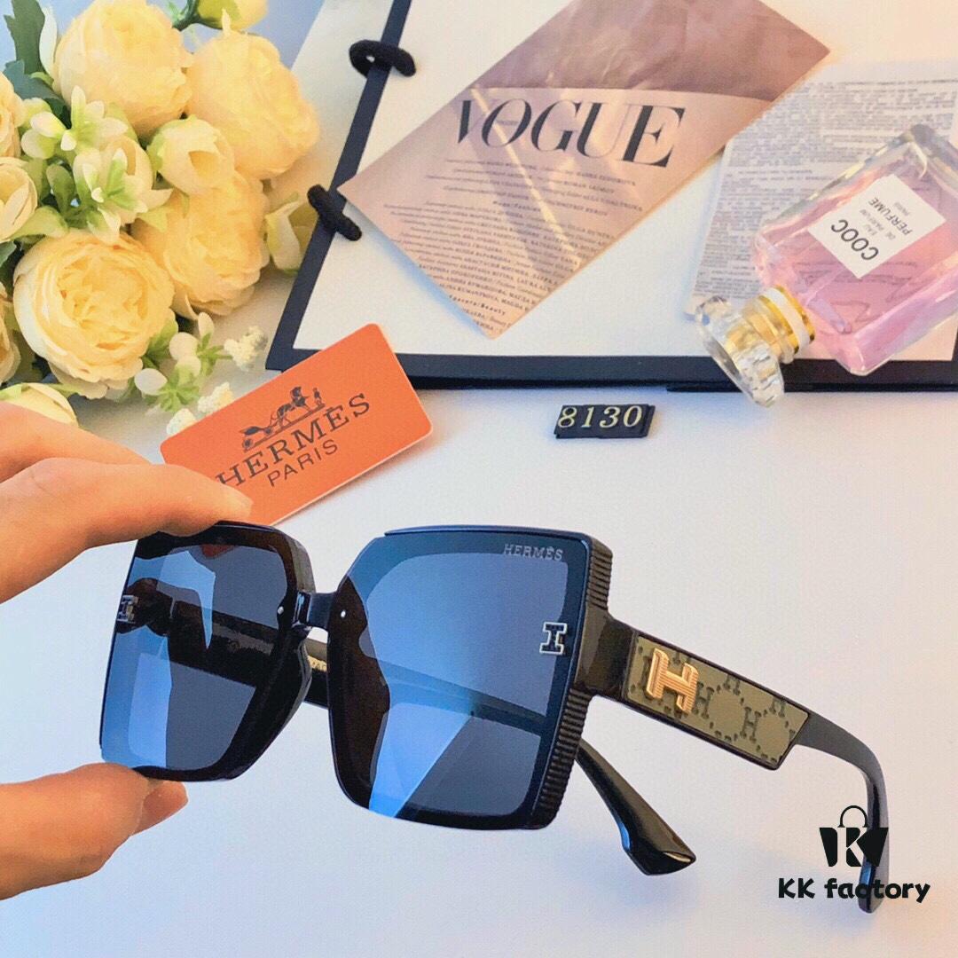 Hermes Women's Sunglasses 2024 New Arrival Square Frame Vintage Korean Style UV Protection Oversized Glasses for Long and Oval Face Slimming Effect