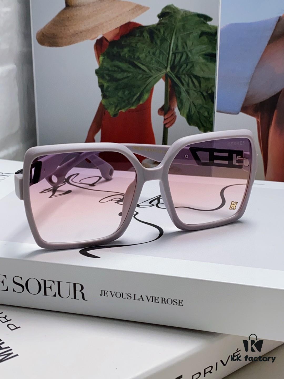 Hermes 2024 New Women's Square Oversized Sunglasses for Round Faces, Slimming UV Protection Sunglasses with Premium Look, Ideal for Travel and Sun Protection