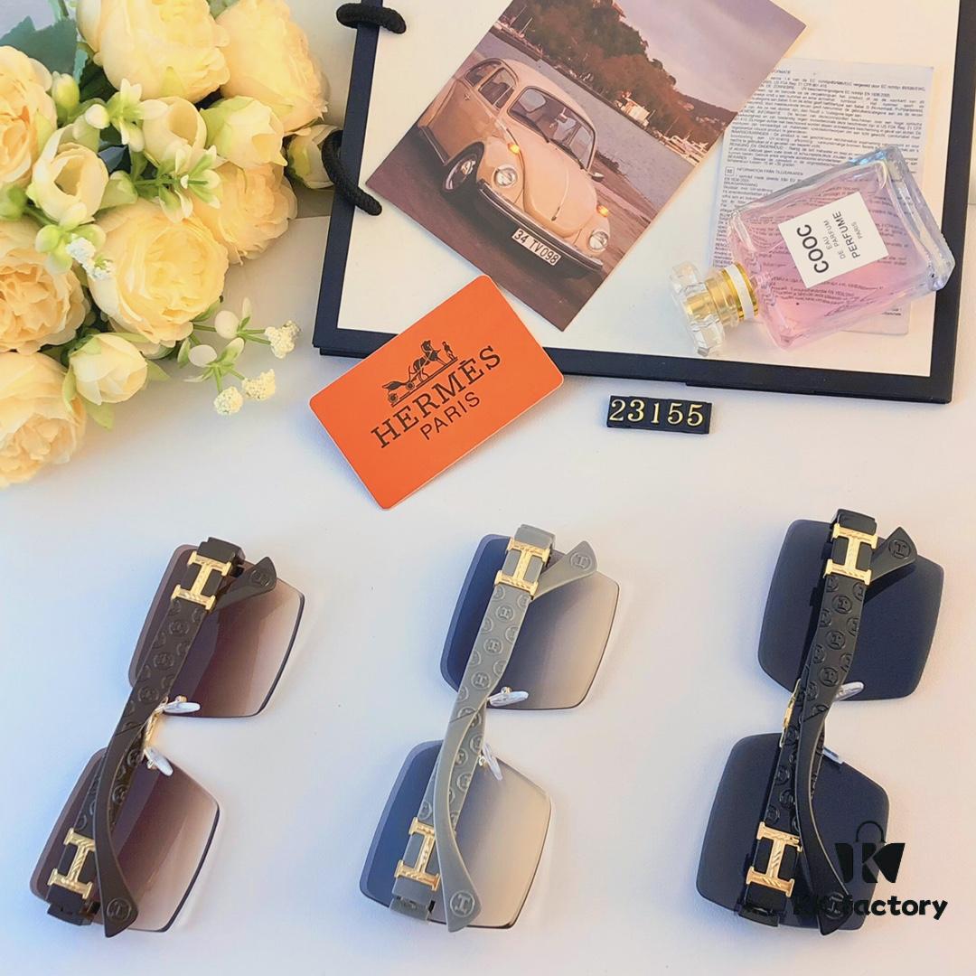 Hermes 2024 New Square Frameless Cut-edge Sunglasses for Women, Retro Fashion Lightweight Luxury Letter Design High-end UV Protection Sun Glasses