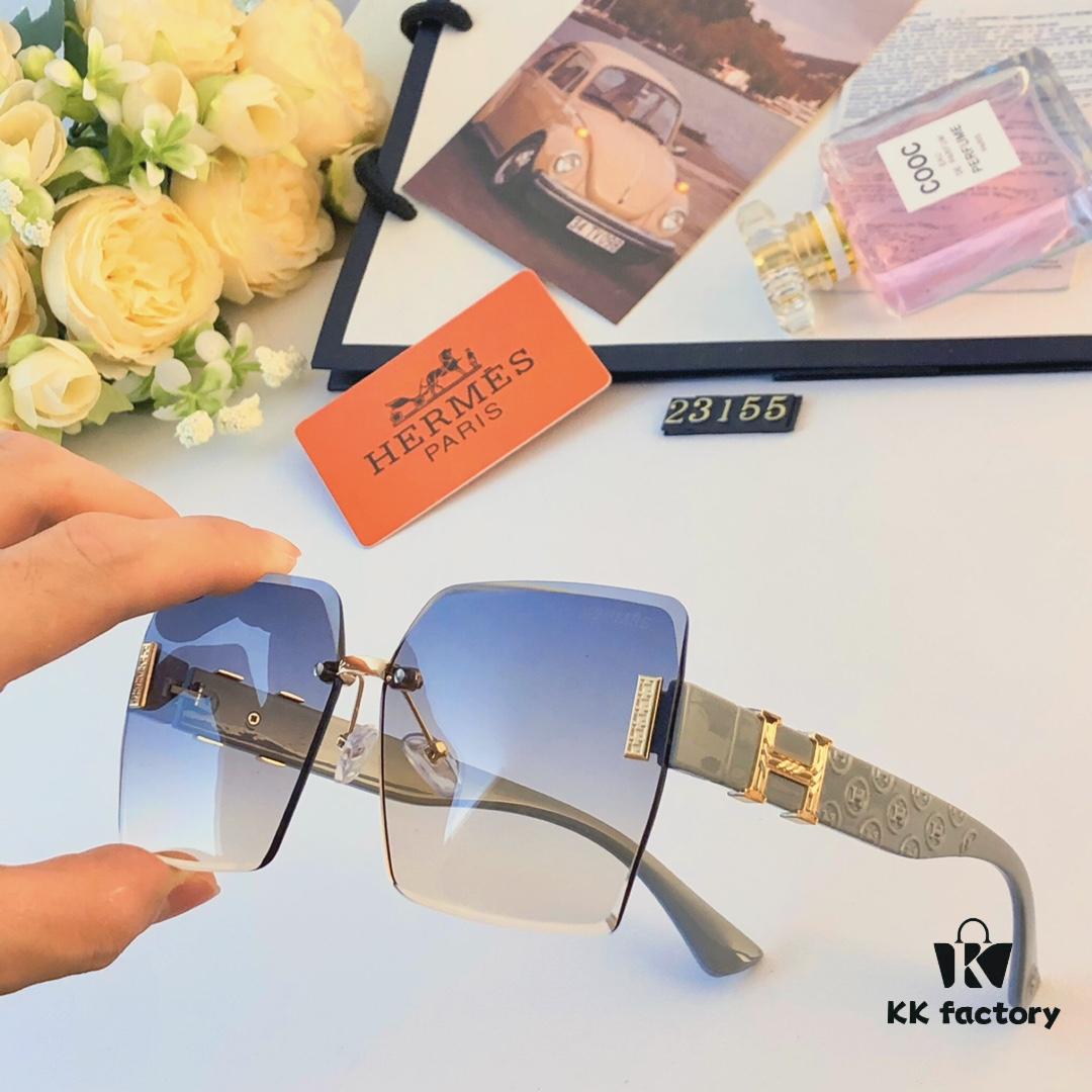 Hermes 2024 New Square Frameless Cut-edge Sunglasses for Women, Retro Fashion Lightweight Luxury Letter Design High-end UV Protection Sun Glasses