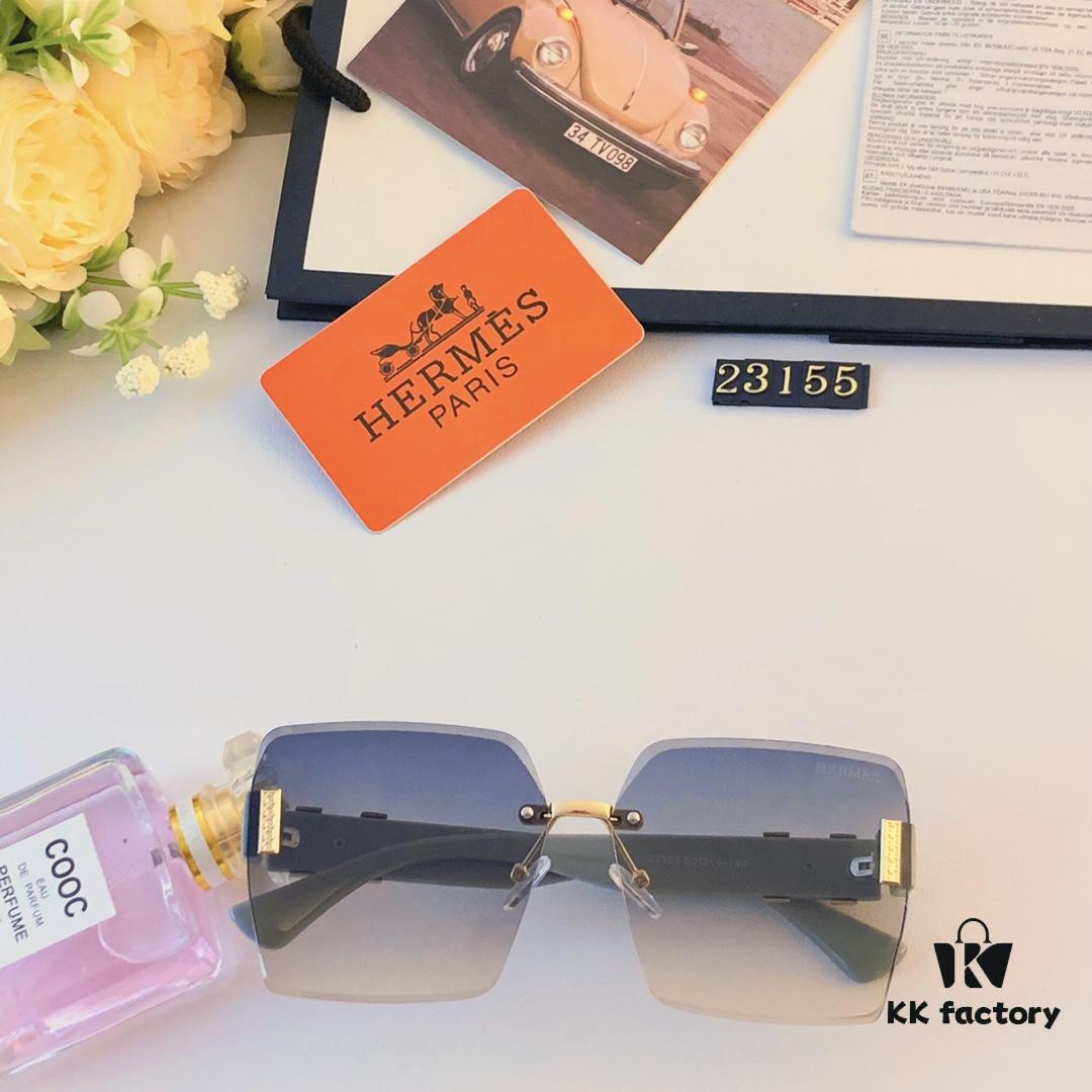 Hermes 2024 New Square Frameless Cut-edge Sunglasses for Women, Retro Fashion Lightweight Luxury Letter Design High-end UV Protection Sun Glasses