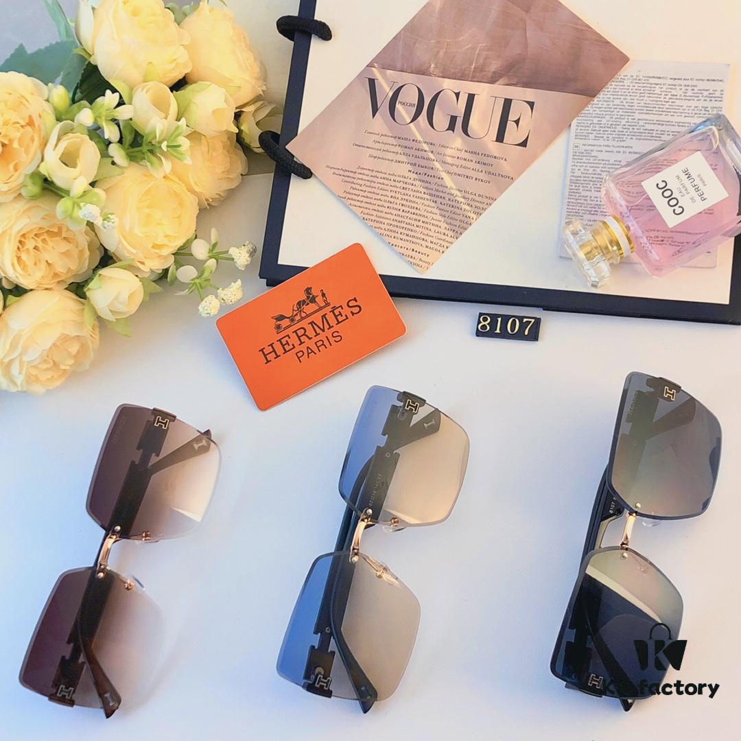 Hermes 2024 New Square Frameless Cut-Out Sunglasses for Women, Retro Fashion Lightweight Luxury Letter Design High-End UV Protection Sun Glasses