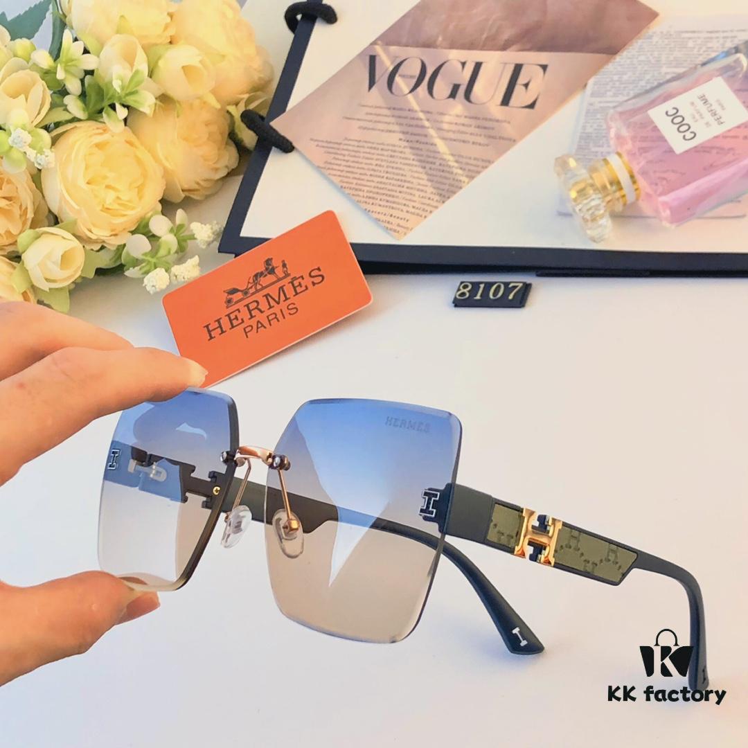 Hermes 2024 New Square Frameless Cut-Out Sunglasses for Women, Retro Fashion Lightweight Luxury Letter Design High-End UV Protection Sun Glasses