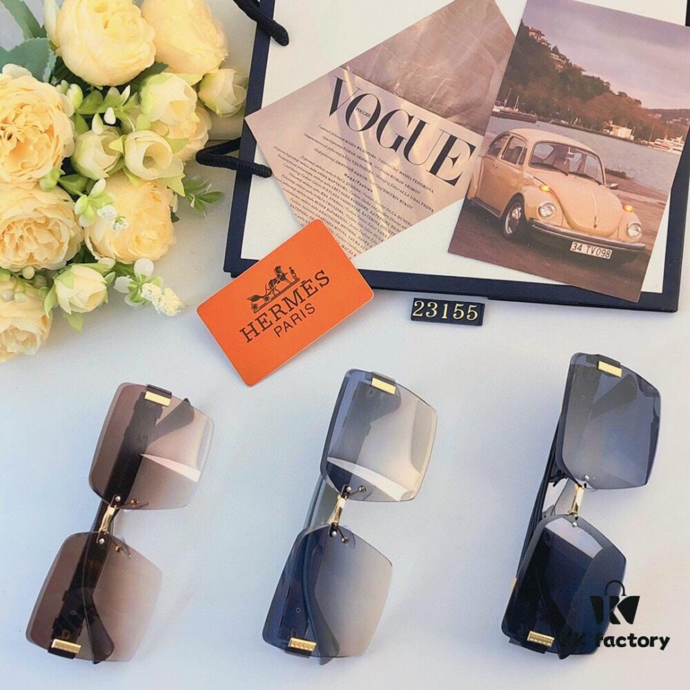 Hermes 2024 New Square Frameless Cut-Out Sunglasses for Women, Retro Fashion Lightweight Luxury Letter Design High-End UV Protection Sun Glasses