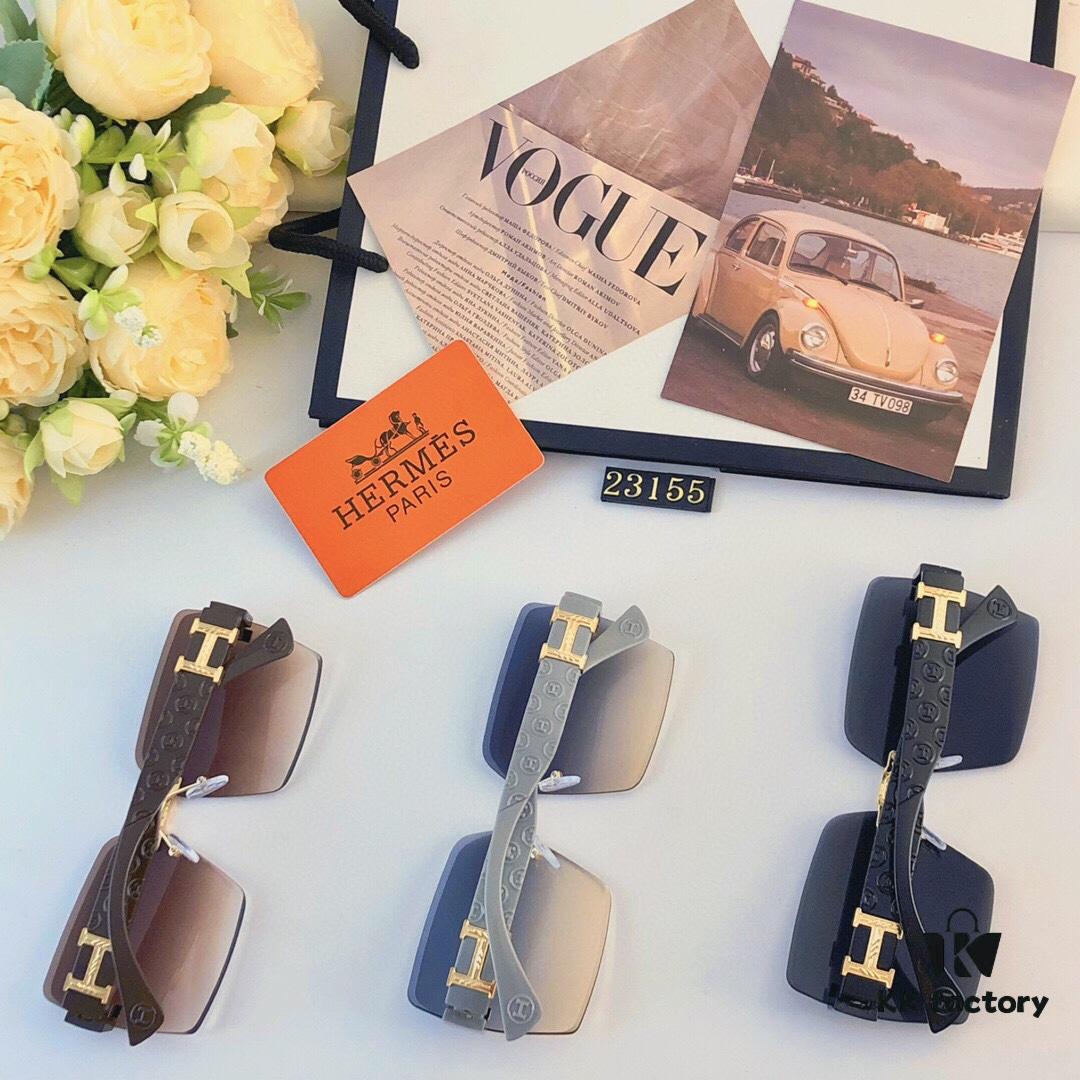 Hermes 2024 New Square Frameless Cut-Out Sunglasses for Women, Retro Fashion Lightweight Luxury Letter Design High-End UV Protection Sun Glasses