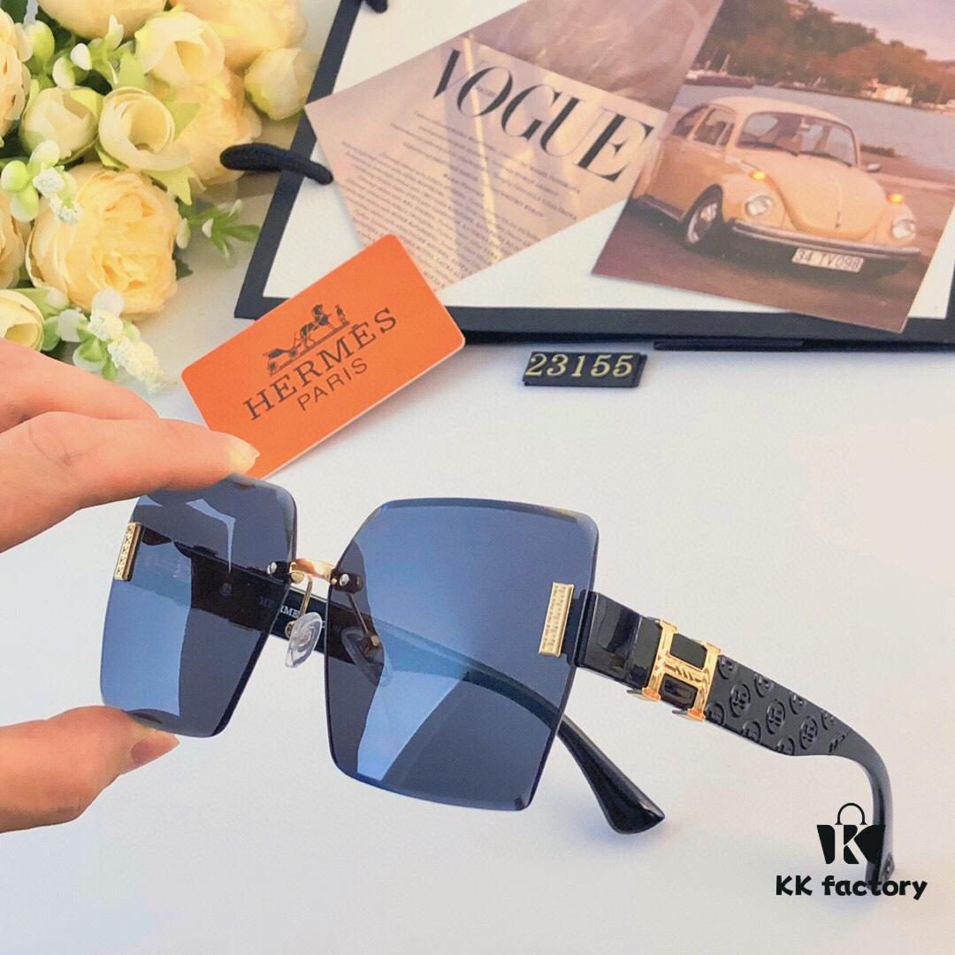 Hermes 2024 New Square Frameless Cut-Out Sunglasses for Women, Retro Fashion Lightweight Luxury Letter Design High-End UV Protection Sun Glasses