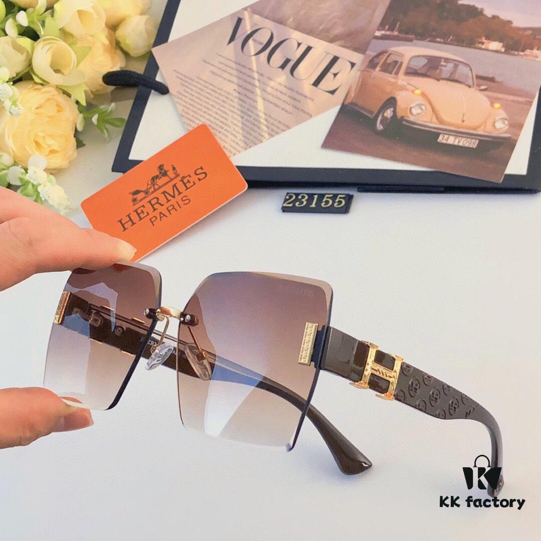 Hermes 2024 New Square Frameless Cut-Out Sunglasses for Women, Retro Fashion Lightweight Luxury Letter Design High-End UV Protection Sun Glasses