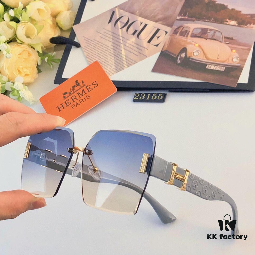 Hermes 2024 New Square Frameless Cut-Out Sunglasses for Women, Retro Fashion Lightweight Luxury Letter Design High-End UV Protection Sun Glasses