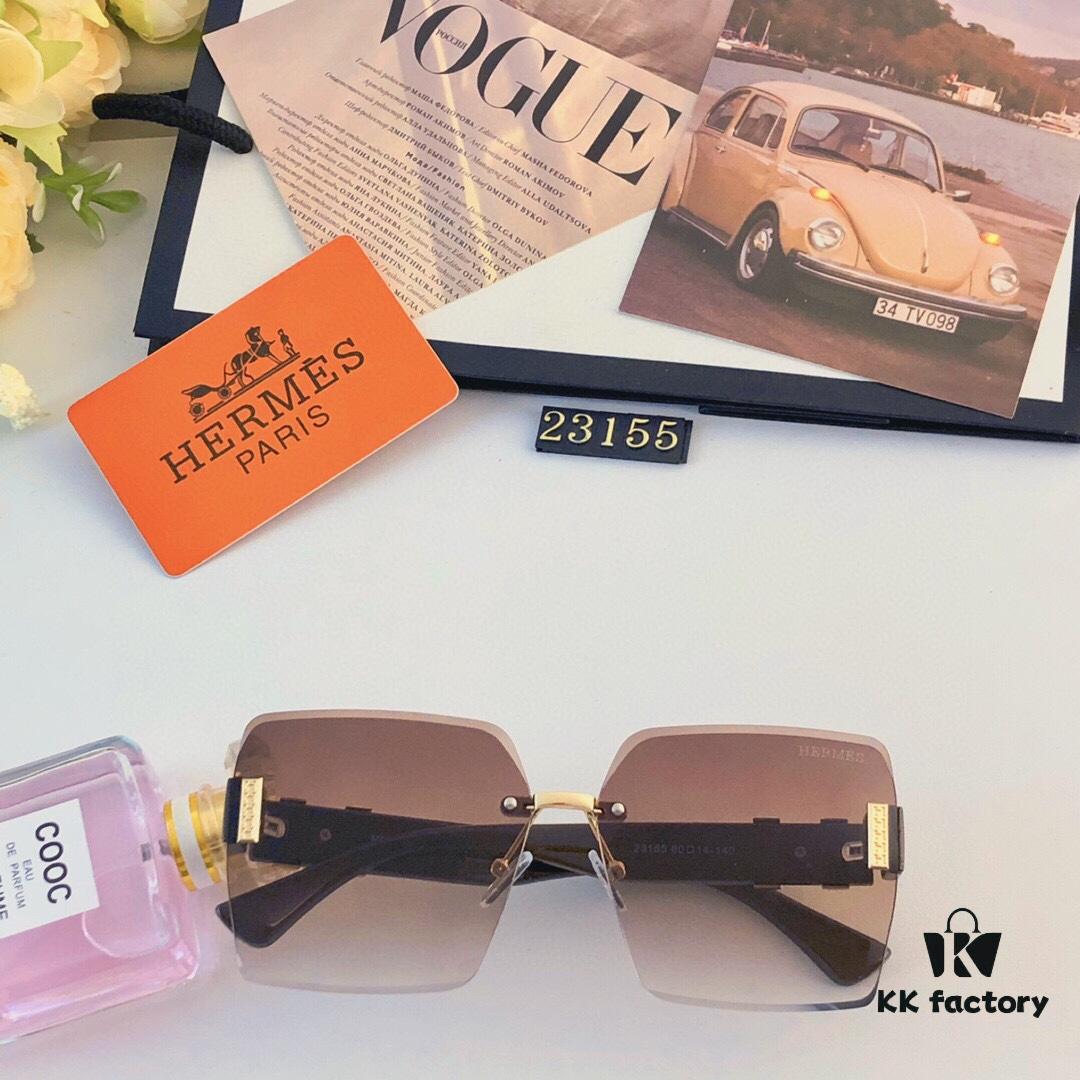 Hermes 2024 New Square Frameless Cut-Out Sunglasses for Women, Retro Fashion Lightweight Luxury Letter Design High-End UV Protection Sun Glasses