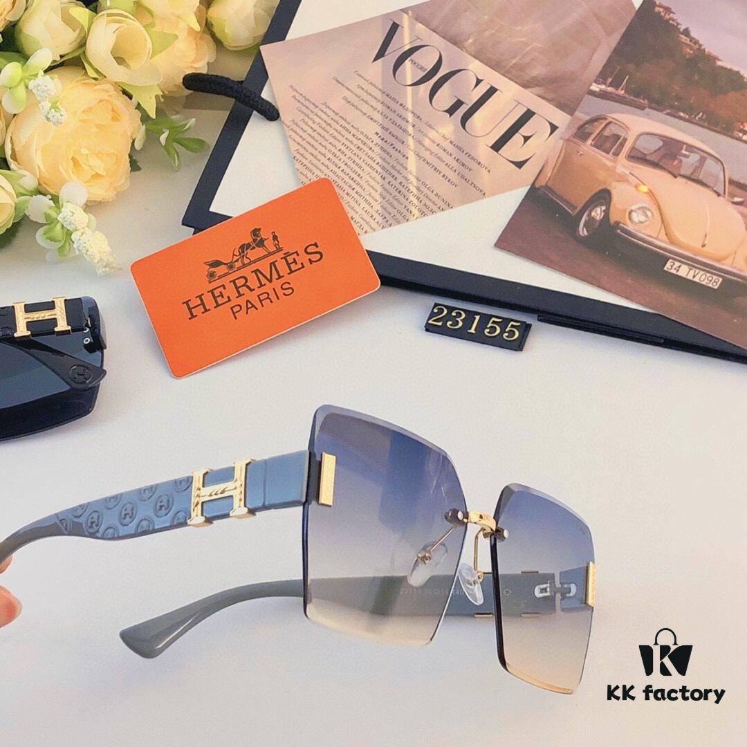 Hermes 2024 New Square Frameless Cut-Out Sunglasses for Women, Retro Fashion Lightweight Luxury Letter Design High-End UV Protection Sun Glasses