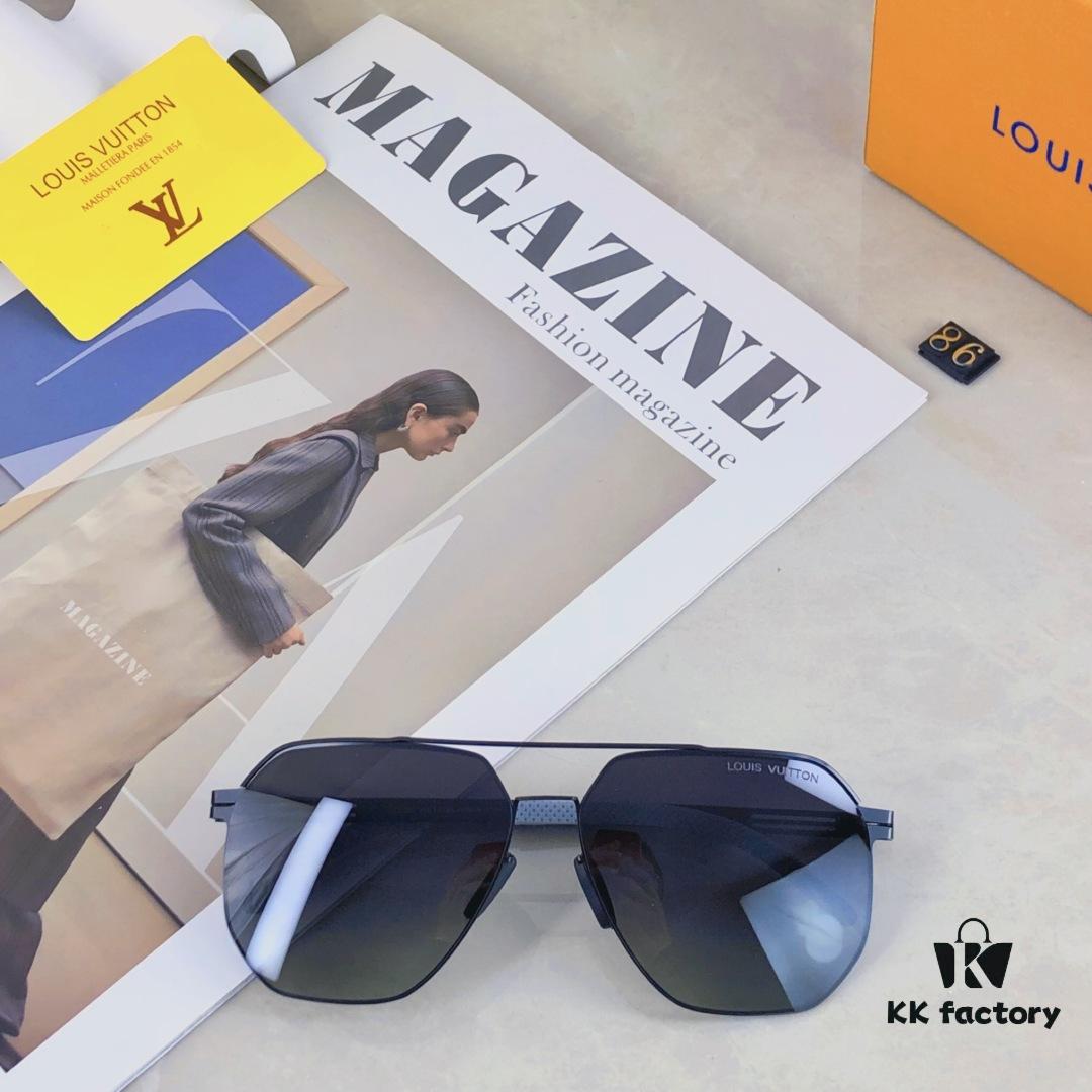 Louis Vuitton Metal Double-Bar Men's Aviator Sunglasses, Stylish Black Polarized UV-Protective Shades