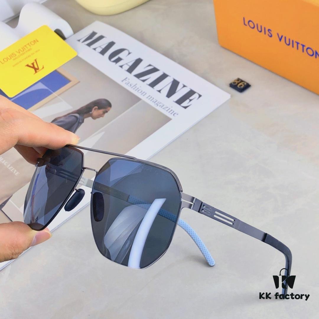 Louis Vuitton Metal Double-Bar Men's Aviator Sunglasses, Stylish Black Polarized UV-Protective Shades