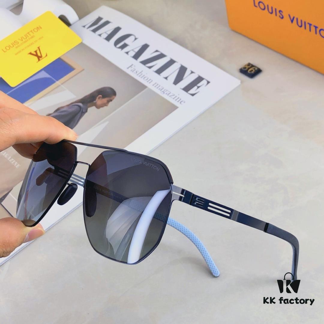 Louis Vuitton Metal Double-Bar Men's Aviator Sunglasses, Stylish Black Polarized UV-Protective Shades