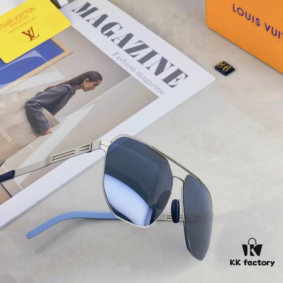 Louis Vuitton Metal Double-Bar Men's Aviator Sunglasses, Stylish Black Polarized UV-Protective Shades