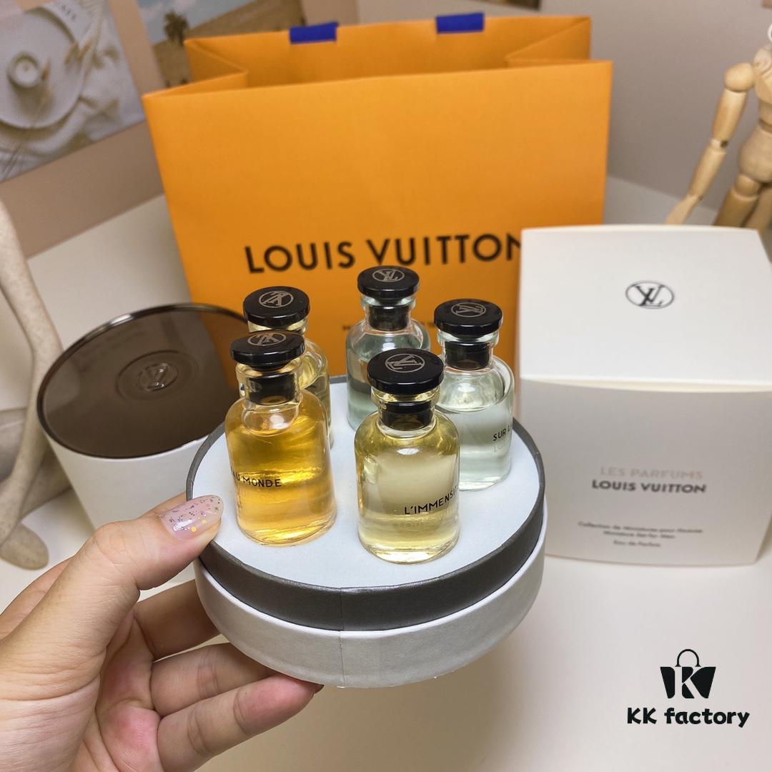 Louis Vuitton Men's Perfume Set of 5 (10ml each), Cylindrical Packaging, Includes Official Store Shopping Bag, No Spray Nozzles, Polished Bottles