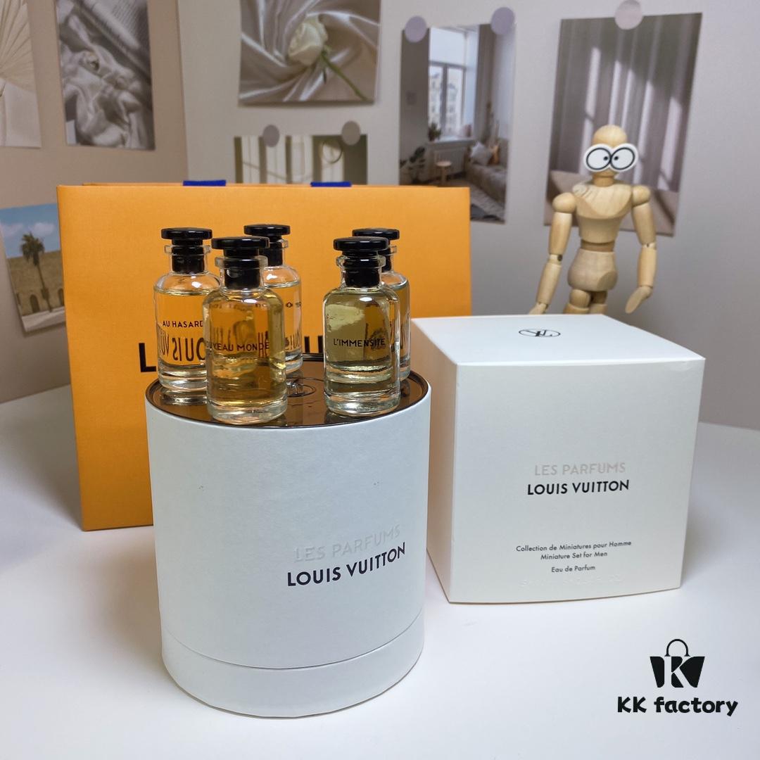 Louis Vuitton Men's Perfume Set of 5 (10ml each), Cylindrical Packaging, Includes Official Store Shopping Bag, No Spray Nozzles, Polished Bottles