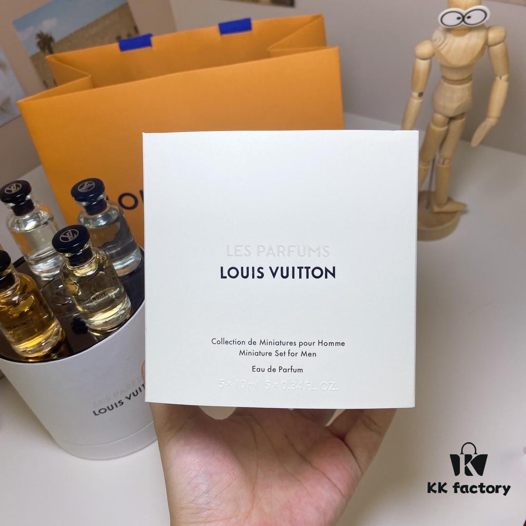Louis Vuitton Men's Perfume Set of 5 (10ml each), Cylindrical Packaging, Includes Official Store Shopping Bag, No Spray Nozzles, Polished Bottles