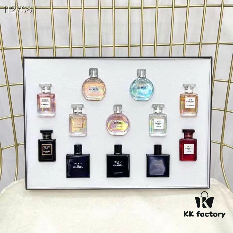 Chanel Perfume Sample Set of 12, 7.5ml Each, Dropper Style – Including Green Encounter, Pink Encounter, Yellow Encounter, Pink Coco, Yellow Coco, Yellow N°5, Red N°5, White N°5, Black Coco, Bleu de Chanel Eau de Toilette, Bleu de Chanel Eau de Parfum, Bleu de Chanel Parfum