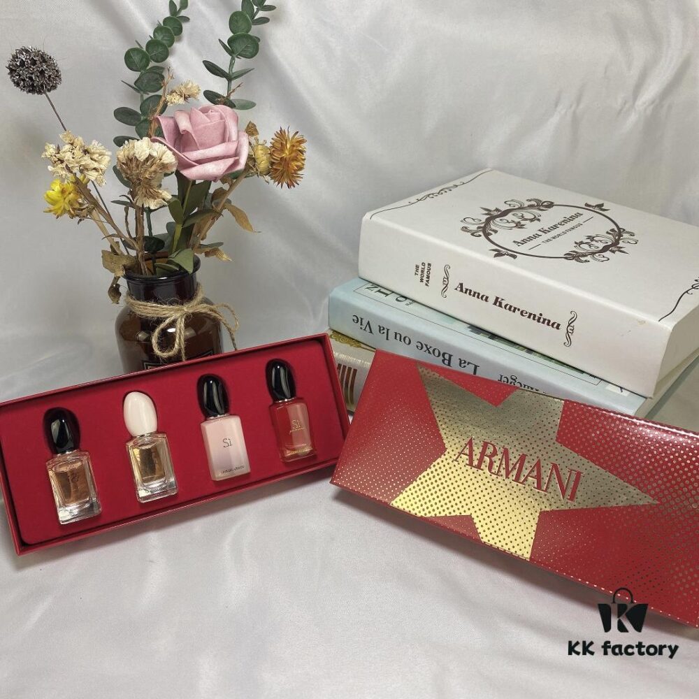 Counter Q-Sized Giorgio Armani Love 4-Piece Mini Set 7ml, Mini Version, No Spray Cap, Drop and Apply Style, Includes Four Variants: Yellow Love, Pink-Cap Light Love Scent, Pink Bottle Intense Love Scent, Red Love