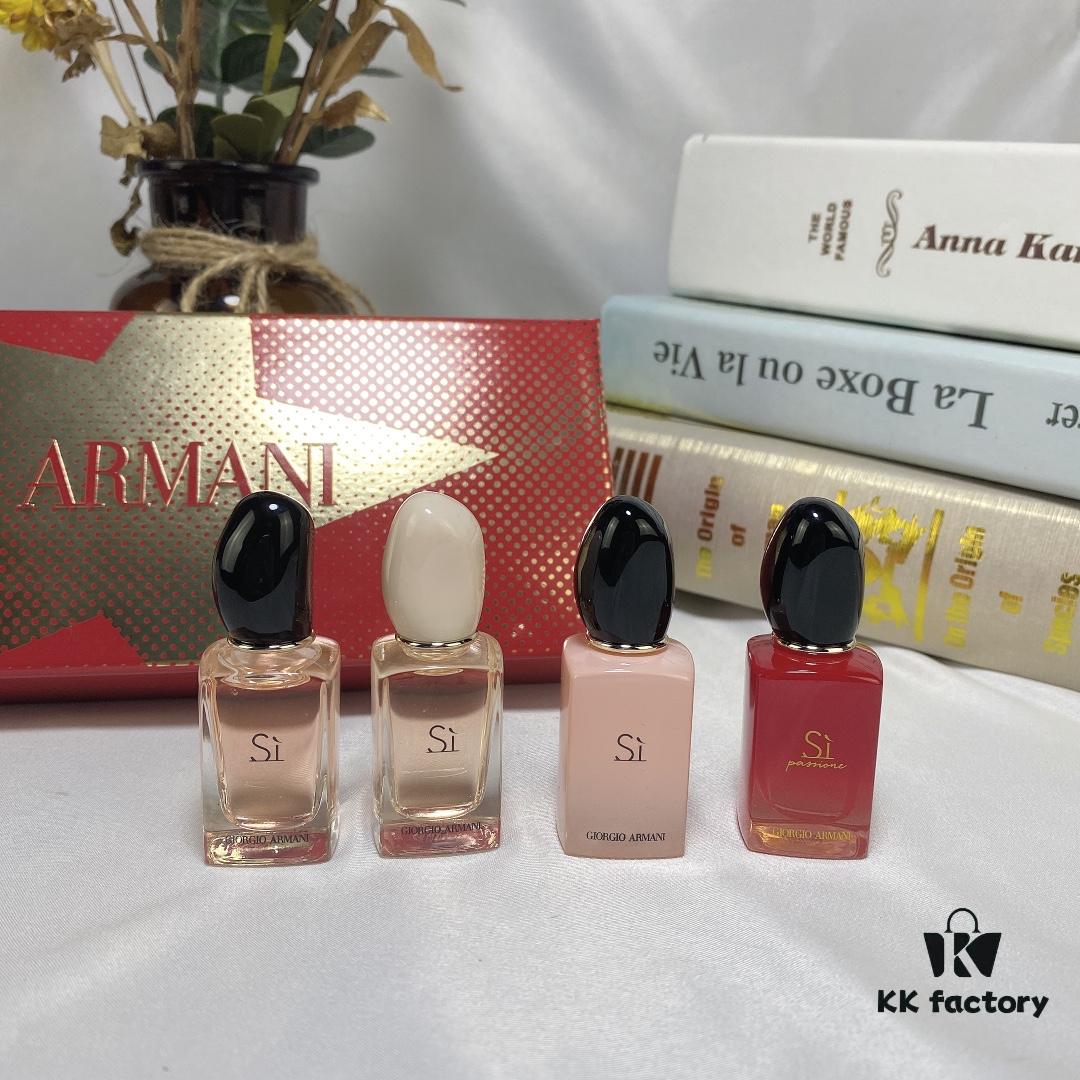Counter Q-Sized Giorgio Armani Love 4-Piece Mini Set 7ml, Mini Version, No Spray Cap, Drop and Apply Style, Includes Four Variants: Yellow Love, Pink-Cap Light Love Scent, Pink Bottle Intense Love Scent, Red Love