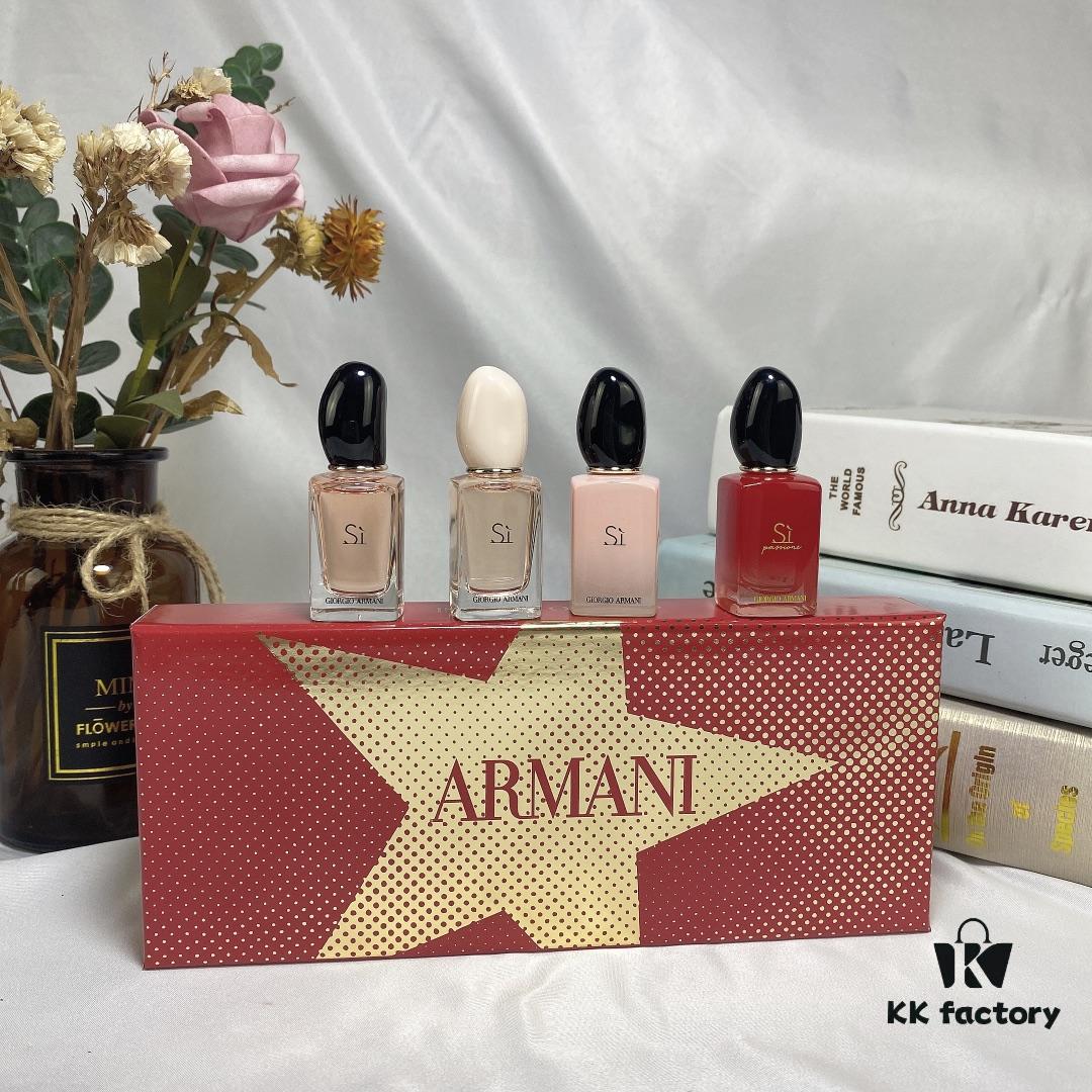 Counter Q-Sized Giorgio Armani Love 4-Piece Mini Set 7ml, Mini Version, No Spray Cap, Drop and Apply Style, Includes Four Variants: Yellow Love, Pink-Cap Light Love Scent, Pink Bottle Intense Love Scent, Red Love