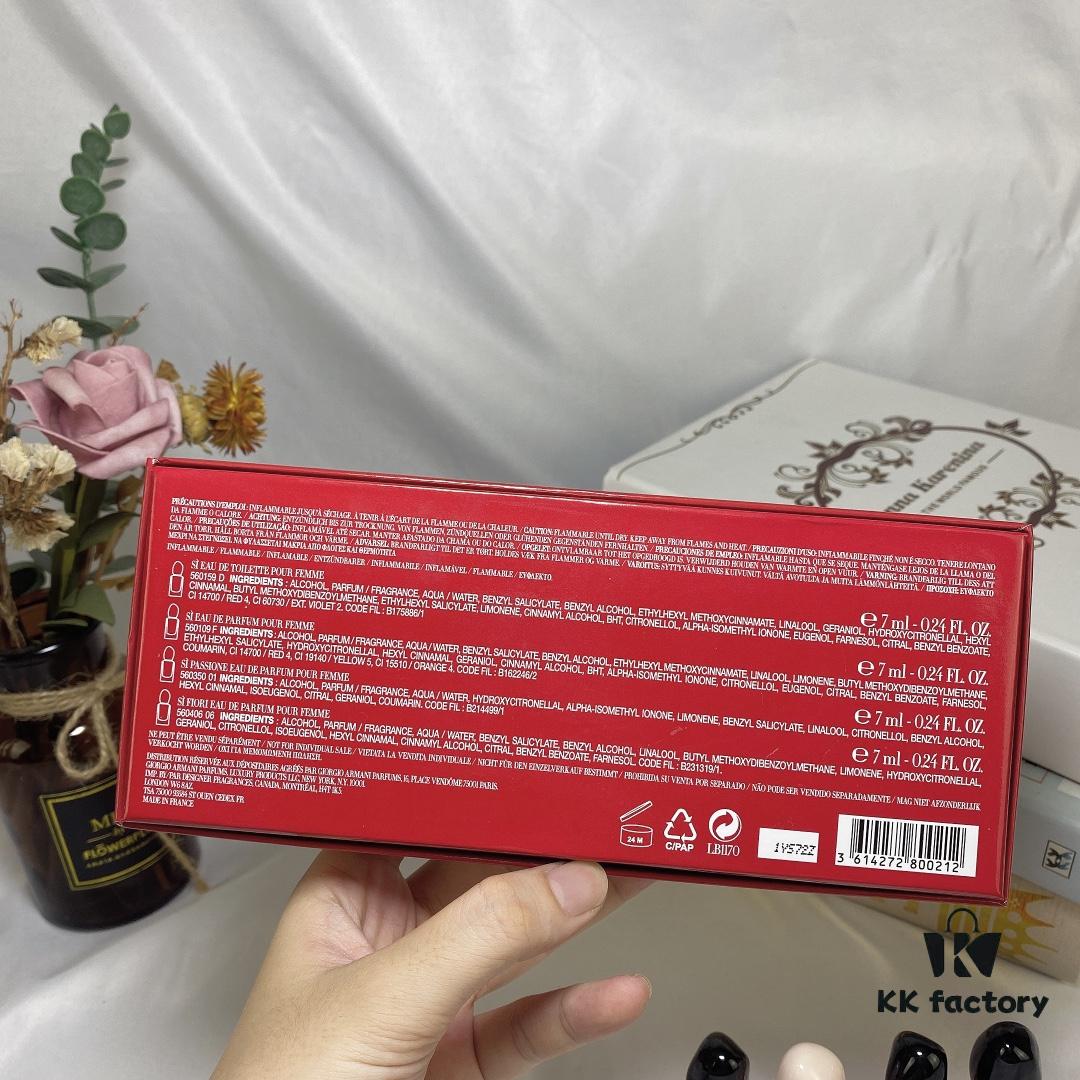 Counter Q-Sized Giorgio Armani Love 4-Piece Mini Set 7ml, Mini Version, No Spray Cap, Drop and Apply Style, Includes Four Variants: Yellow Love, Pink-Cap Light Love Scent, Pink Bottle Intense Love Scent, Red Love