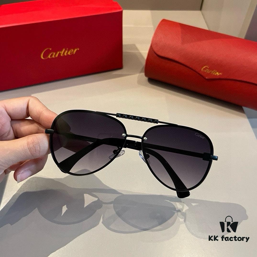 Cartier Men's 1:1 High-End Aviator Sunglasses, Elegant and Luxurious with Minimalist Signature Logo on Temples