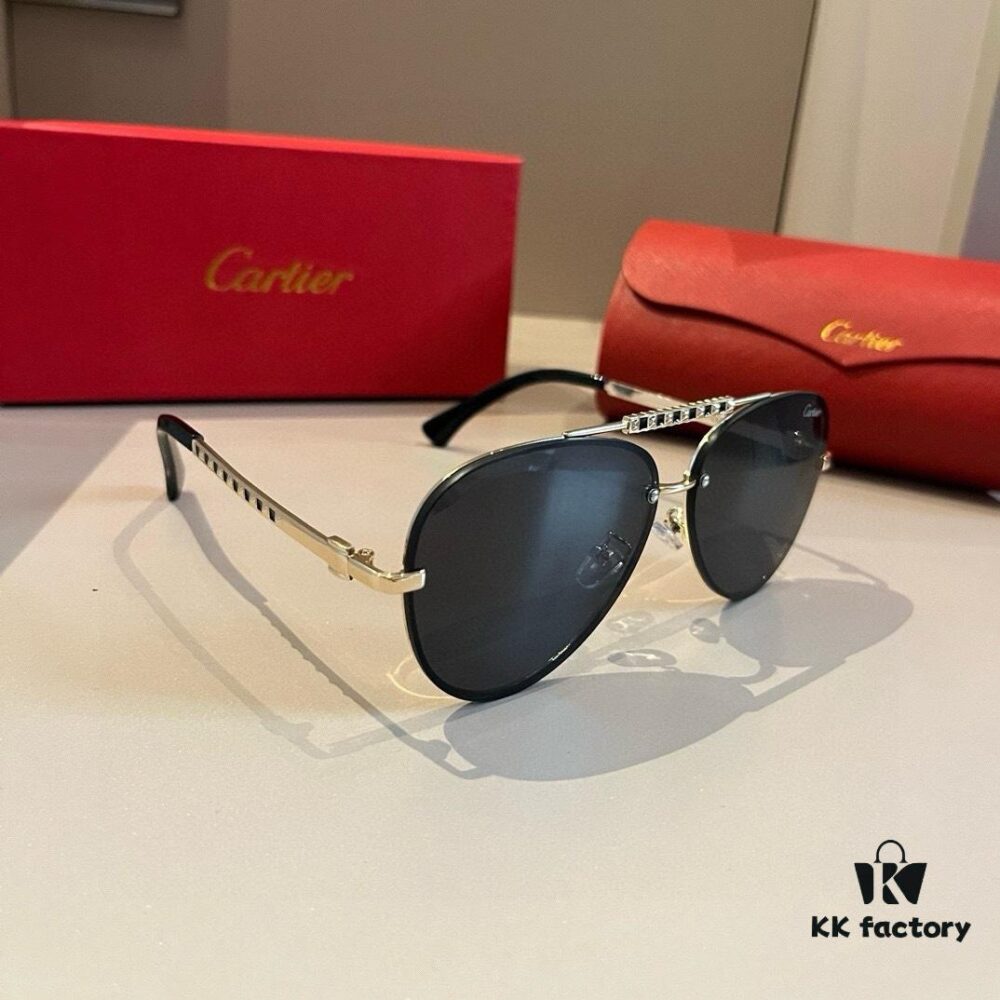 Cartier Men's 1:1 High-End Aviator Sunglasses, Elegant and Luxurious with Minimalist Signature Logo on Temples